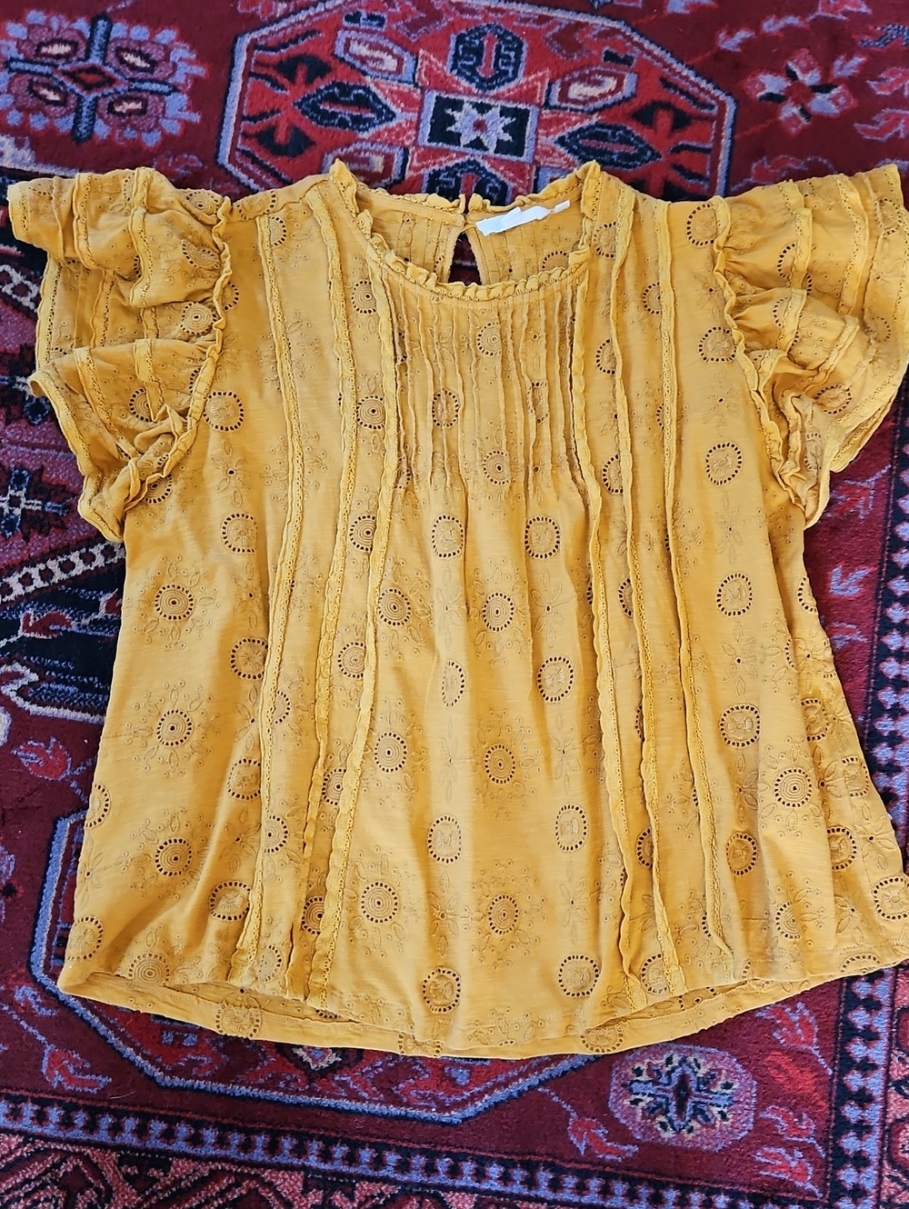 FRENCH THAT GIRL Mustard Eyelet Pintuck Ruffle Sleeve Top